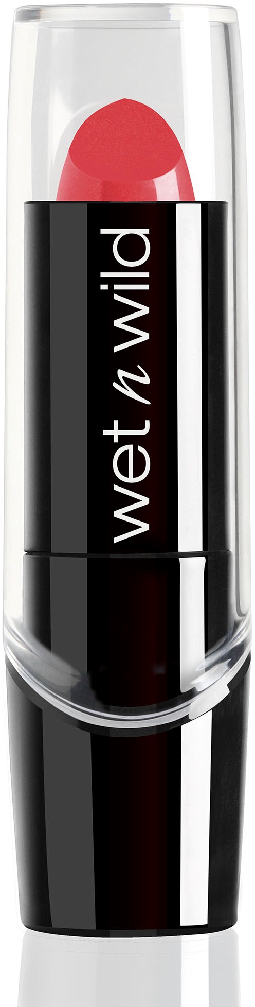 Ett läppstift med ett genomskinligt lock, röd färg, och svart etikett med vit text som säger 'wet n wild'.