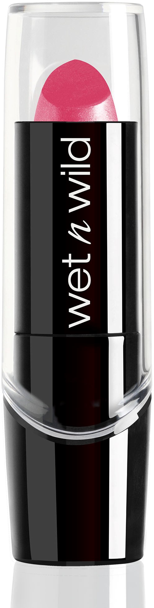 Ett rosa läppstift i ett genomskinligt rör med svart och vitt varumärke från Wet n Wild.