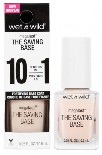 En nagelprodukt som heter Wet n Wild MegaLast The Saving Base, med ask och flaska, fördelar och förstärkande baslack.