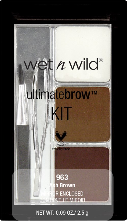 En makeup-palett med fyra nyanser och en liten borste, märkt Wet n Wild ögonbrynssats i bruna toner.