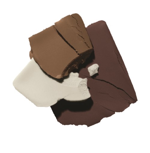 Tre bitar choklad i olika färger: brunt, grädd och mörk. De är trasiga och staplade.