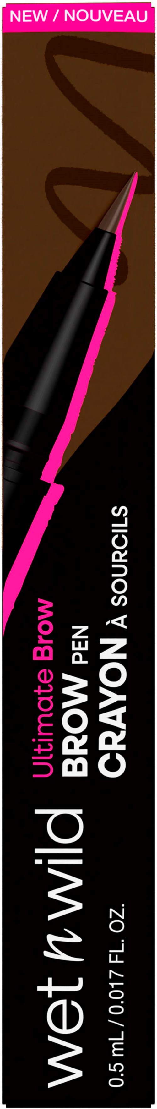 Vertikal reklame for wet n wild Ultimate Brow Pen med pink håndtag og brun baggrund.