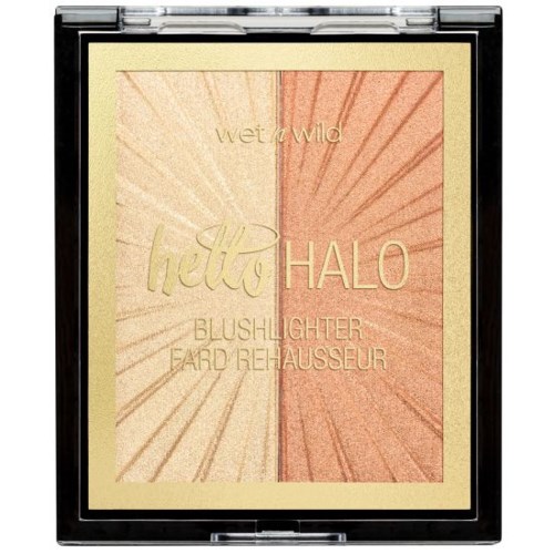En kompakt sminkpalett med to nyanser av blush, merket 'Hello Halo' og 'wet n wild,' med svart ytterskall.