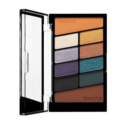 Colorful eyeshadow palette with ten different shades and two transition shades for blending.