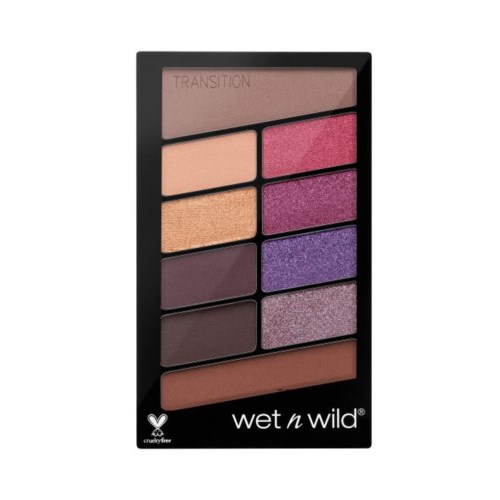 A makeup palette with nine colorful eyeshadows in black case, including shades of pink, purple, brown, and beige.