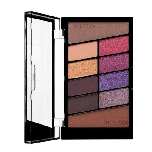 A makeup palette with nine colorful eyeshadows in a black case, some shades with shimmer and matte finishes.