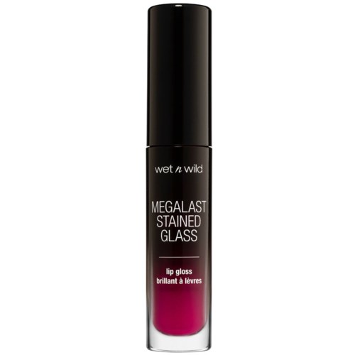 En läppglans i ett svart cylintriskt behållare med en genomskinlig botten som visar rosa gloss. Vitt text visar märket och produkten.
