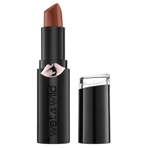 Ein Lippenstift mit schwarzer Hülle, rosa Lippenmuster und braunem Lippenstift, der teilweise herausragt.