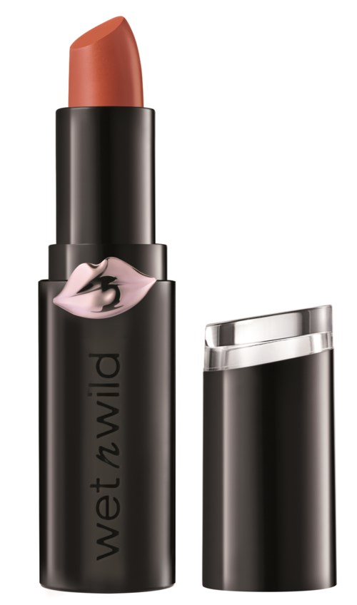 Ein Lippenstift mit schwarzem Gehäuse und pinkem Lippen-Design, zeigt einen bräunlichen Lippenstift im Inneren.