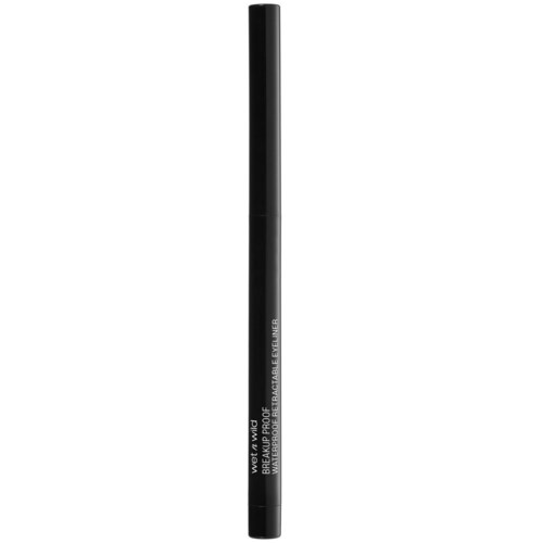 A black eyeliner pencil with white text on it, standing upright.