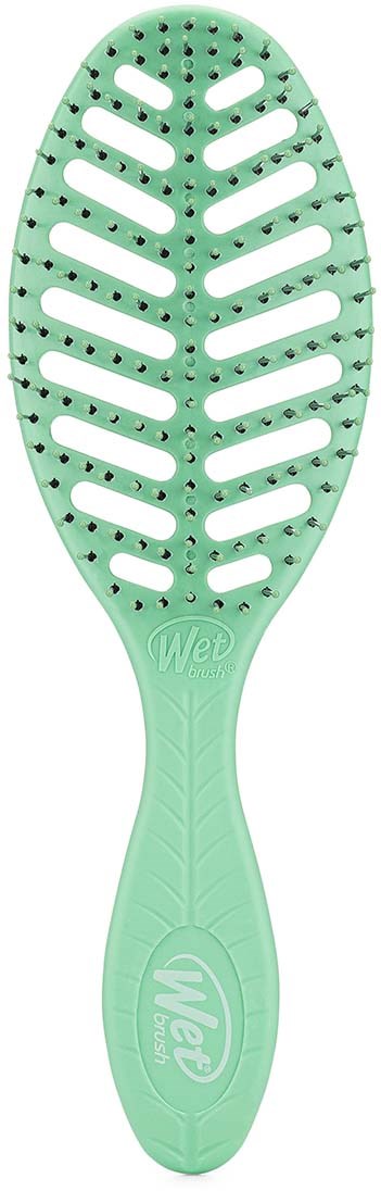 Een mintgroene borstel met gaatjes en een getextureerd handvat, gebruikt voor kattenkrabben of krabben.