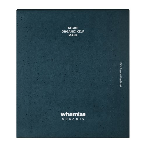 En mørk blå emballasje for et produkt kalt Whamisa Organic Algae Kelp Mask. Den har hvit tekst og enkel design.