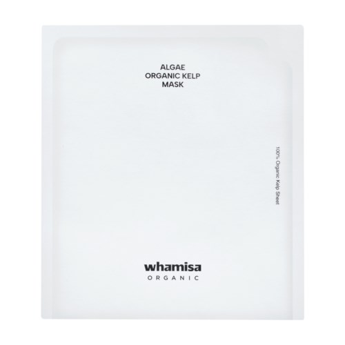 En hvit pose med svart tekst sier 'Algae Organic Kelp Mask' og merket 'Whamisa Organic'.
