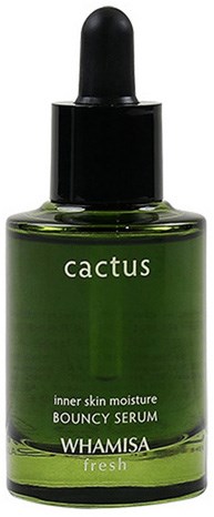 En grön flaska med Whamisa cactus bouncy serum för hudfuktning, med svart pipettlock.
