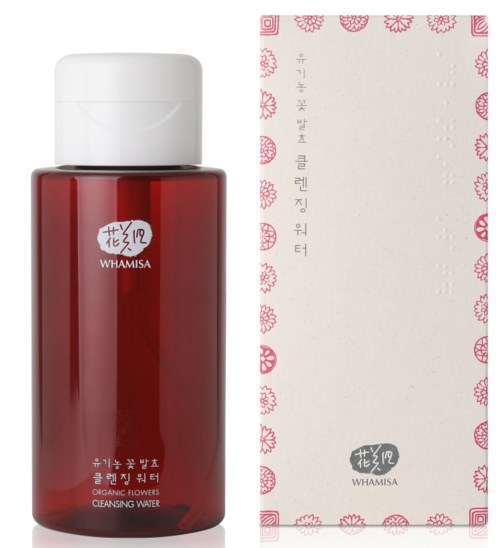 En röd flaska märkt 'Whamisa' och en vit box med rosa blomster och koreansk text.