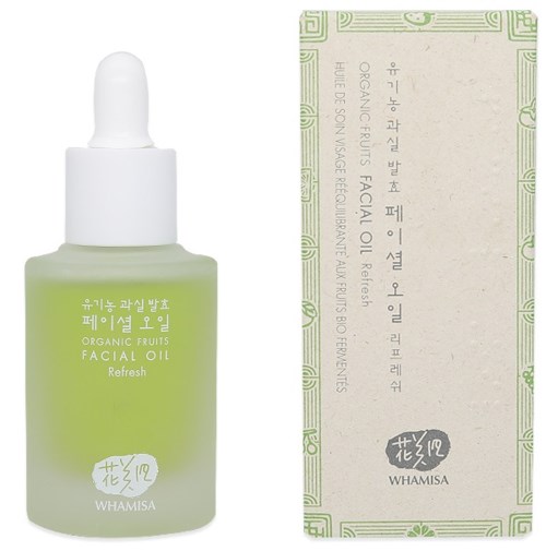 En liten grön flaska märkt 'Organic Fruits Facial Oil Refresh' med en vit pipettlock, och en vit låda med koreansk text.