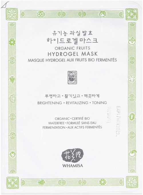En etikett för en organisk frukt-hydrogelmask som understryker ljusning, revitalisering och toning med gröna dekorativa kanter.