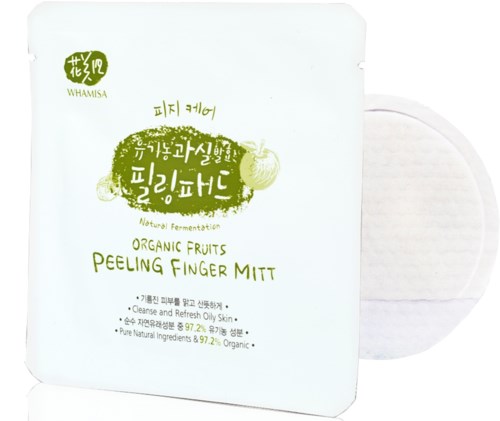 Pakkaus ihonhoitotuotteelle nimeltä Organic Fruits Peeling Finger Mitt, koreankielinen teksti ja vihreä muotoilu.