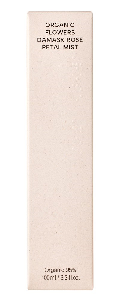 En lang, slank eske med enkel tekst: økologiske blomster, damaskrose, petalmist. Esken er hvit.
