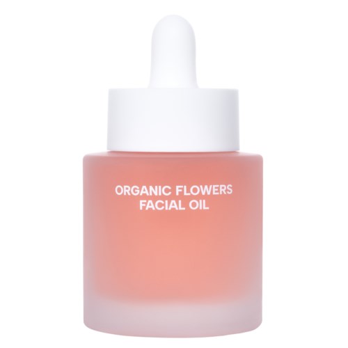 Rosa flaske med pipette, merket «Organic Flowers Facial Oil».