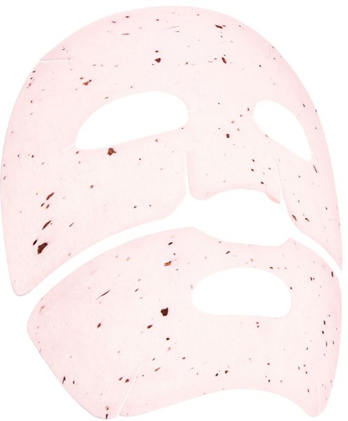 Det här är ett ansiktsmaskblad med en enkel, plan design och några fläckar på sig.