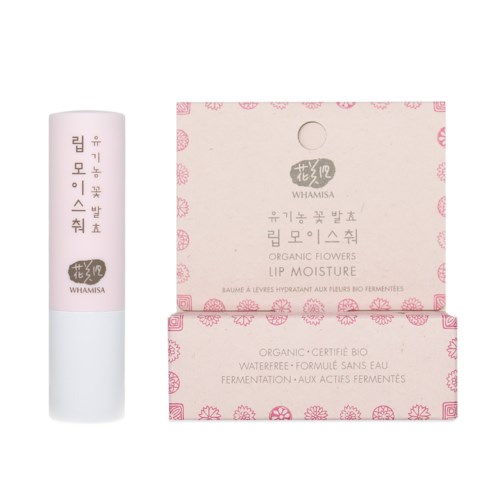  Läppbalsam och förpackning med kinesisk och koreansk text, med rosa blommönster och varumärkesnamnet Whamisa.