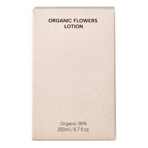Een beige doos met zwarte tekst, gelabeld 'Organic Flowers Lotion' en 'Organic 95% 200ml/6.7 fl.oz.'
