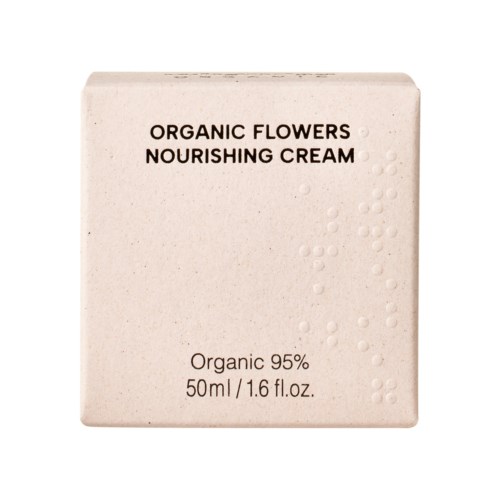 En eske merket 'Organic Flowers Nourishing Cream', med informasjon om ingredienser og volum, med enkel design.