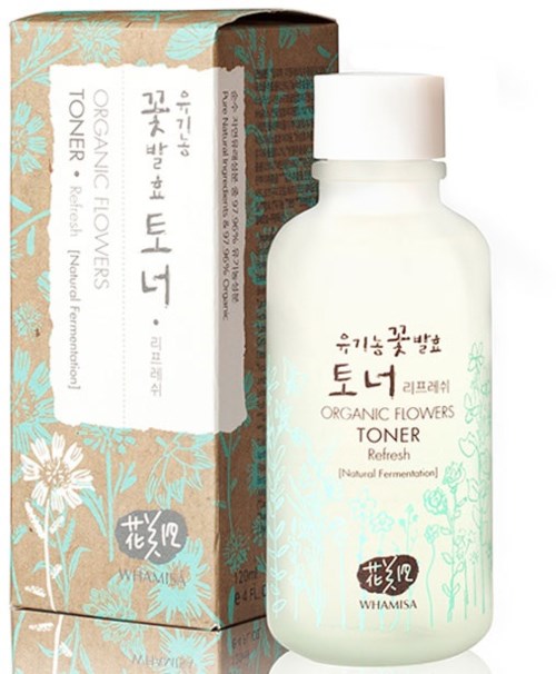 En hvit flaske og en pappeske inneholder begge økologisk blomster toner, med blå og brune aksenter og koreansk tekst.