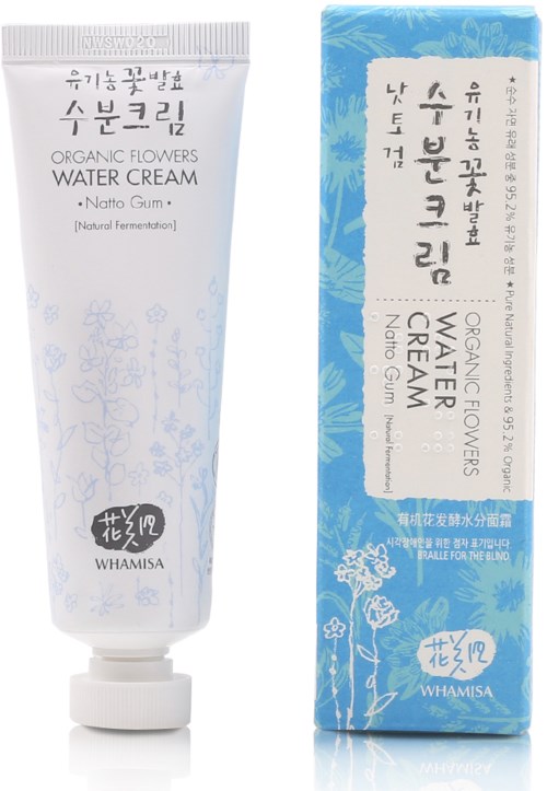 En tub med ekologisk blomvattencent och en blå förpackning, båda med blommotiv och koreansk text.