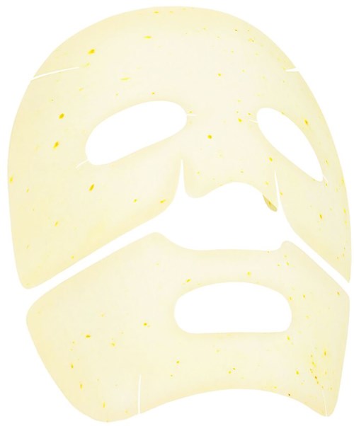 En gul ansiktsmask med hål för ögon, näsa och mun. Den verkar vara för hudvård.