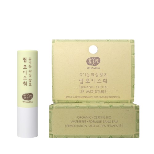 En læbepomade tube og emballage med koreansk og engelsk tekst, mærket 'Organic Fruits Lip Moisture' og 'Waterfree'.