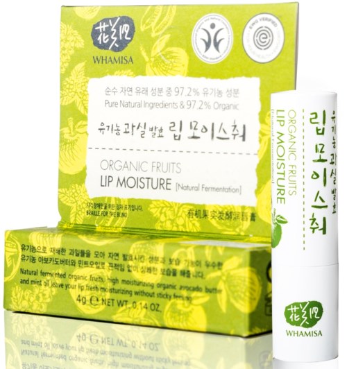 Grön förpackning med koreansk text och fruktillustrationer som främjar organisk fruktläppfukt. Kompakt och fräsch design.