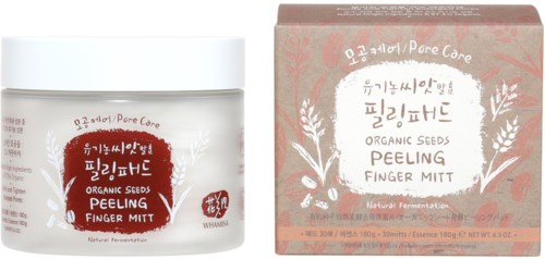 En burk och box med ekologiskt frötvättande fingerhandske för hudvård. Enkel design med röda och vita färger. Text på koreanska.