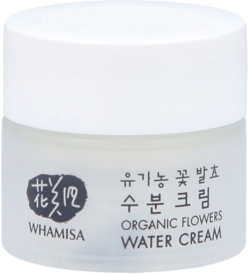 En liten burk med vit kräm märkt "Water Cream" med koreanska och engelska texter, med en enkel vit bakgrund.