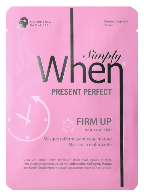 Rosa Gesichtsmaskenverpackung mit Markenname "Simply When" und Beschreibung "Firm Up" für reife, müde Haut.