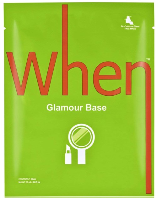 Hellgrüne Gesichtsmaske-Verpackung mit großen roten und weißen Texten, einem kleinen Spiegel-Symbol und einer Gesichtsform.