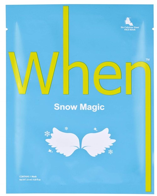 Blauspiel, mit gelber und weißer Schrift, Flügel-Tier, erwähnt Gesichtsmaske und Schneemagie.