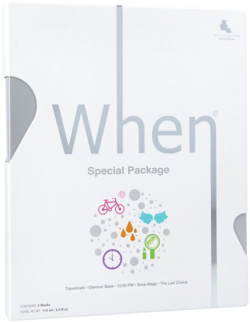 Eine weiße Box mit der Aufschrift "When Special Package" und verschiedenen bunten Symbolen wie Fahrrad, Regentropfen, Uhr, Schmetterling und Lupe.