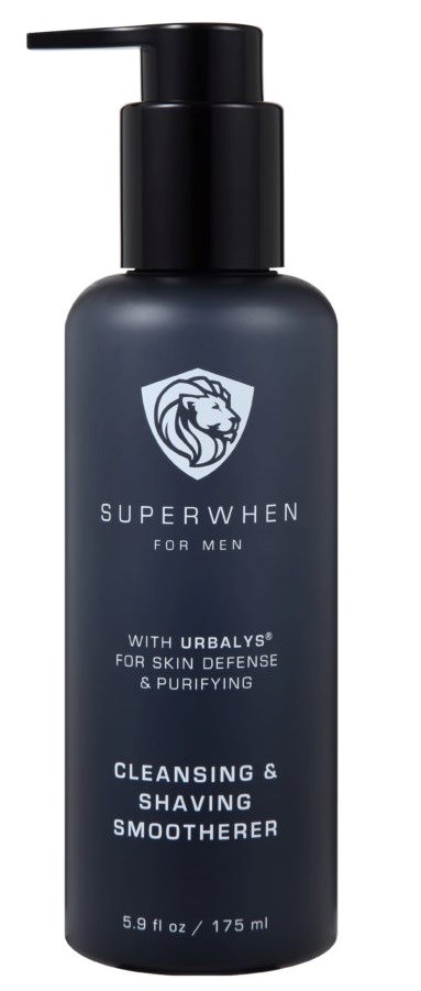 Tummansininen pullo, jossa musta pumppu, merkinnällä 'Superwhel for Men', puhdistukseen ja parranajoon.