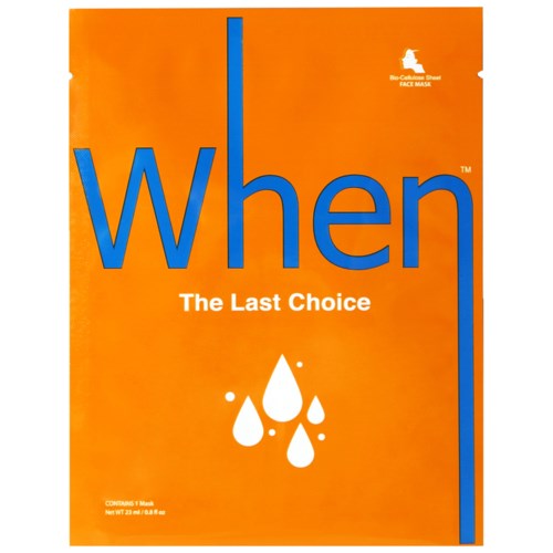 Dies ist eine orangefarbene Verpackung für eine Gesichtsmaske mit blauer Schrift, die 'When' sagt, und hat Wassertropfen-Symbole. Es erwähnt 'The Last Choice.'