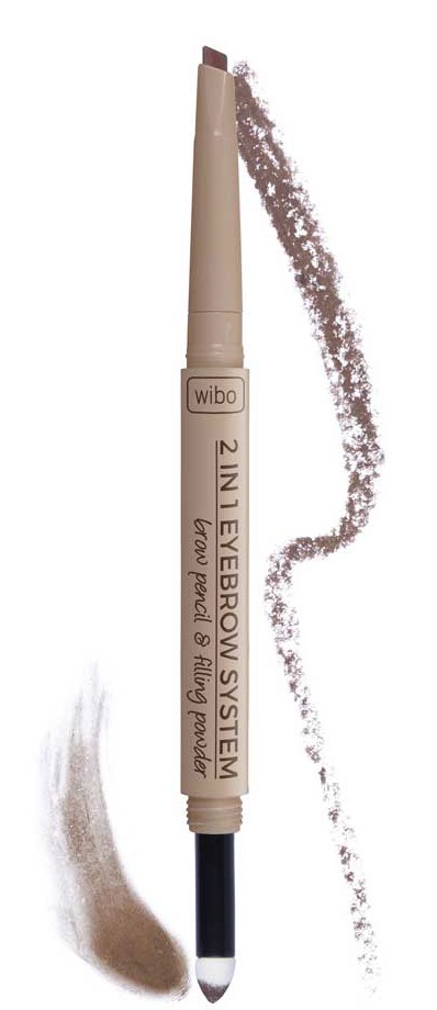 En beige ögonbrynspenna med svart spets, märkt '2 in 1 Eyebrow System', med prov på sidan.
