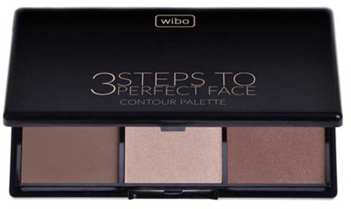 En svart rektangulär palett med tre ansiktskontureringsfärger inuti, märkt '3 Steps to Perfect Face'.