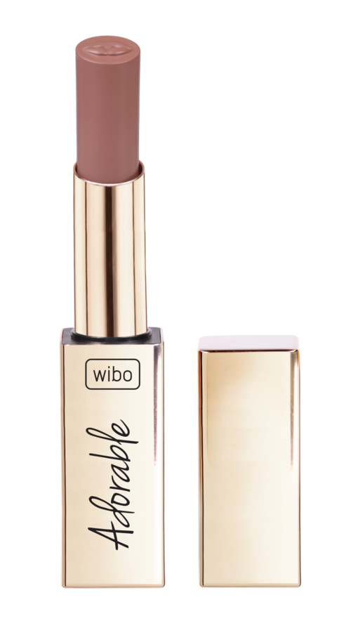 En beige läppstift med guldig Ask, märkt "wibo" och "Adorable". Locket är av, visar läppstiftet.