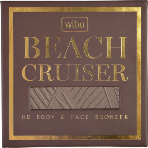 Opakowanie przedstawia produkt o nazwie 'Beach Cruiser' krem brązujący z teksturowanym wzorem i złotymi akcentami.
