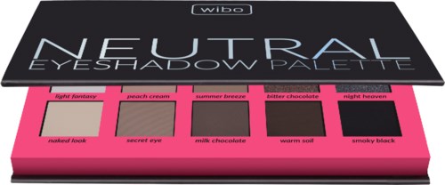 Czarna i różowa paleta cieni do powiek z sześcioma odcieniami: light fantasy, peach cream, summer breeze, bitter chocolate, night heaven i smoky black.