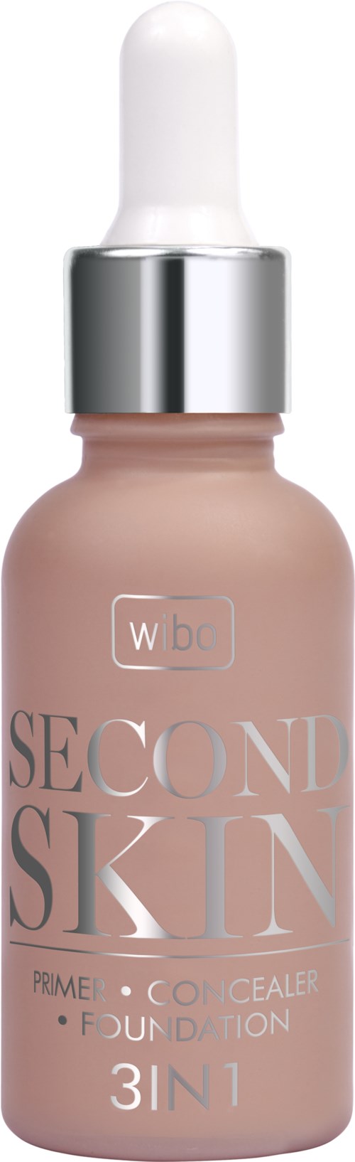En flaska av foundation med pump, märkt Second Skin, i mjuk rosa färg.
