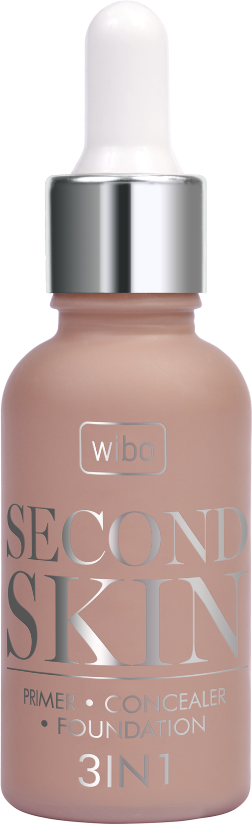 En beige flaska med pipettlock, märkt 'Second Skin' primer, concealare, foundation, 3-i-1.