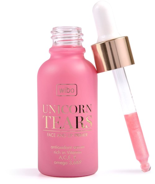 Pink flaska med ansiktsprimer och pipett, märkt som antioxidantserum med vitaminer och omega.