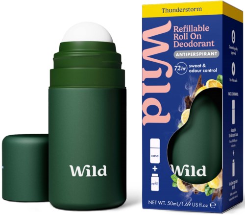En grön roll-on-deodorantflaska utan lock, bredvid förpackningskartongen som visar produktnamn, doft och funktioner.